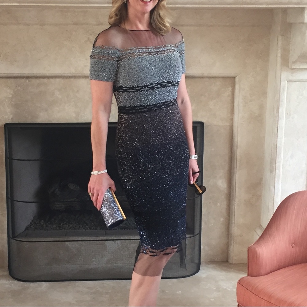 Pamella Roland Silver/Navy Beaded Dress